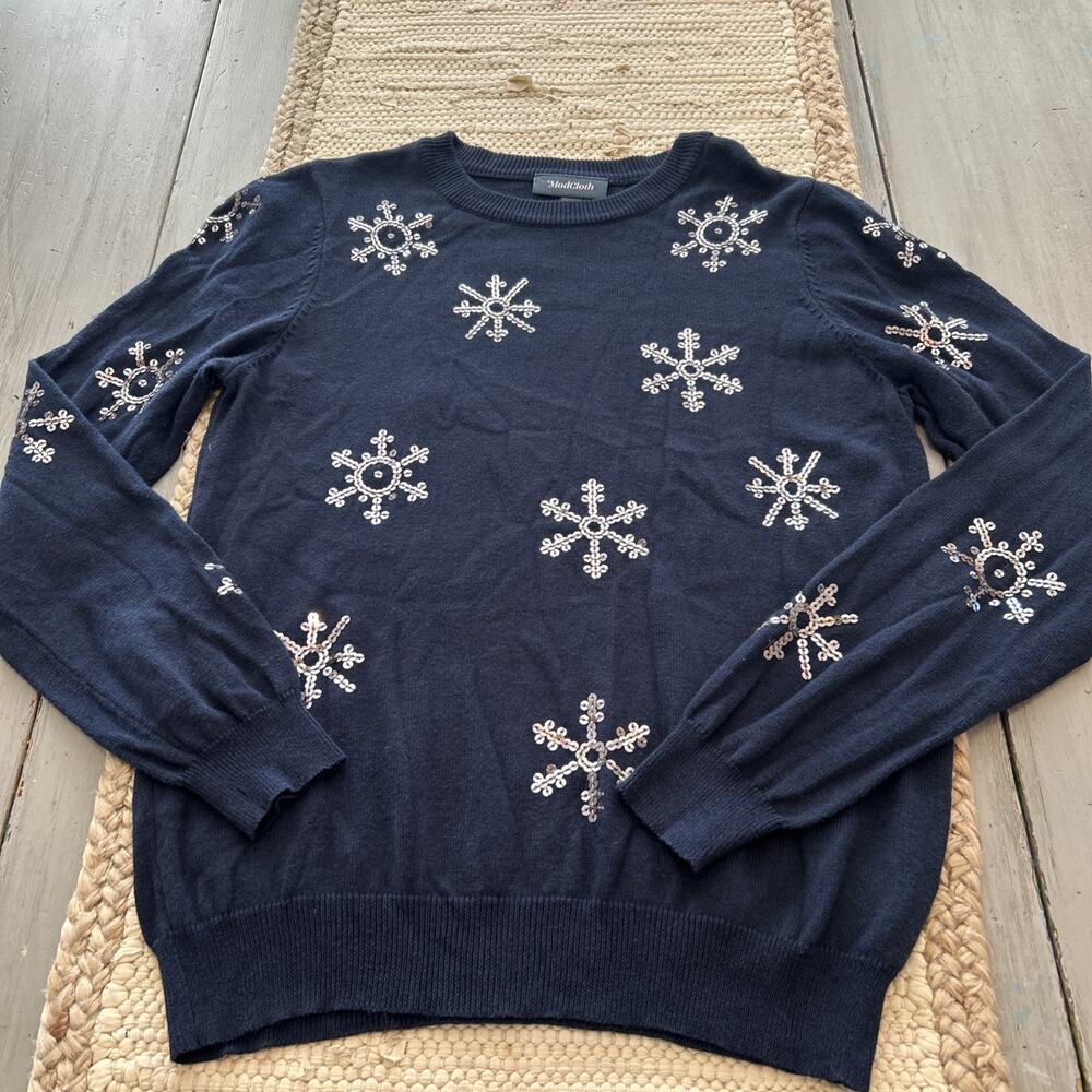 Modcloth Navy Blue Silver Sequin Snowflake Sparkle Sweater Sz S Classic Preppy